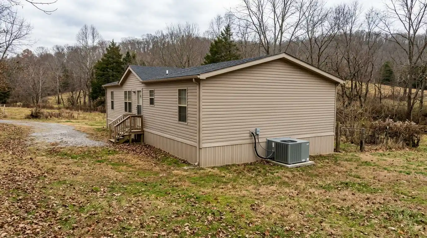 Heat pump beside a manufactured home on a rural Kentucky lot
