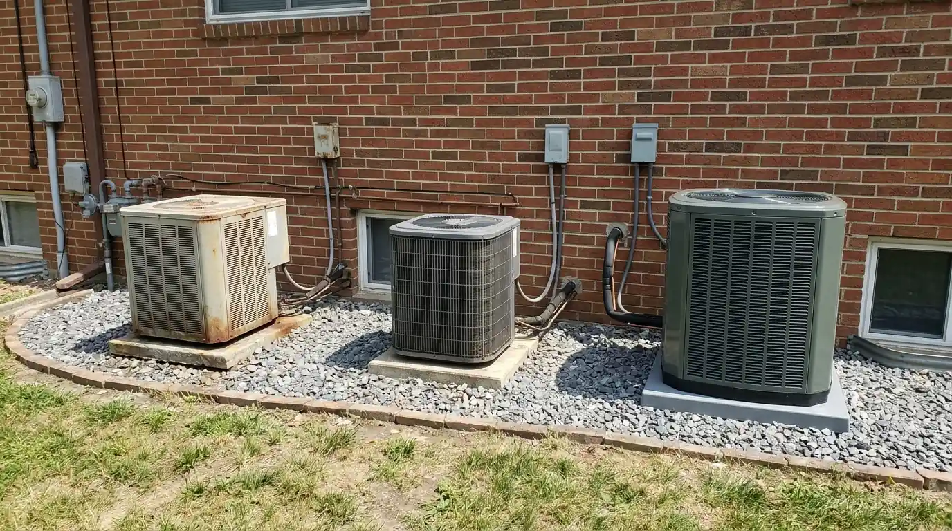 Outdoor units of different ages behind a brick duplex