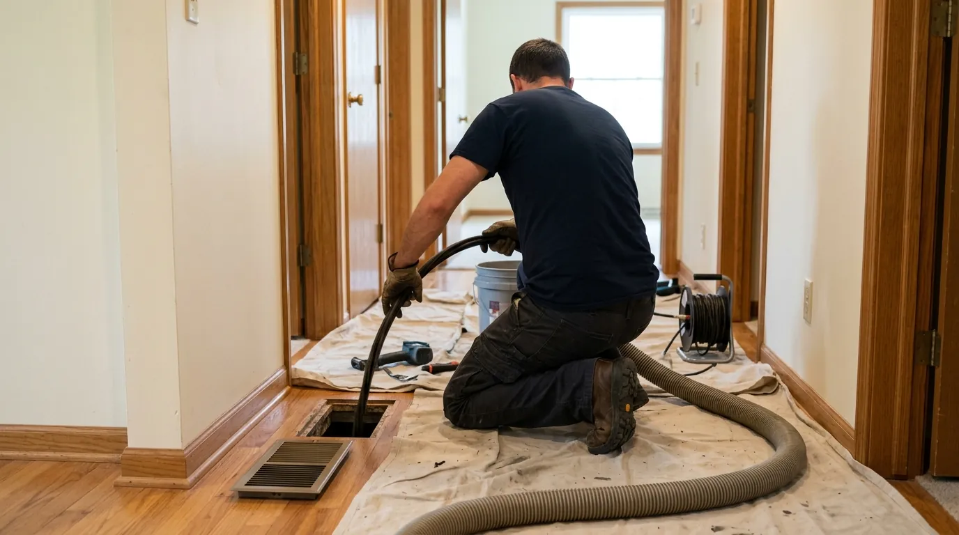 Technician cleaning a floor supply duct with a rotating brush