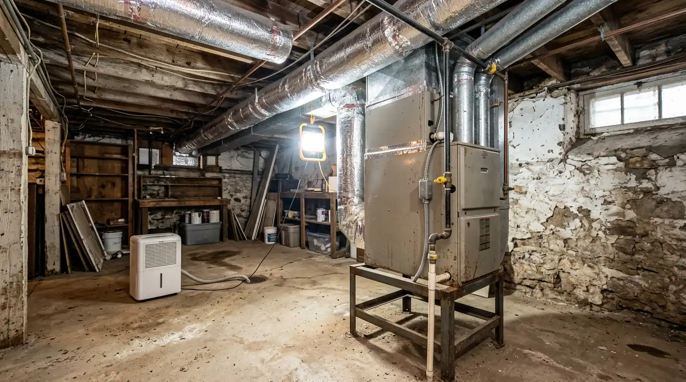 Furnace on a raised stand with insulated ductwork in a basement