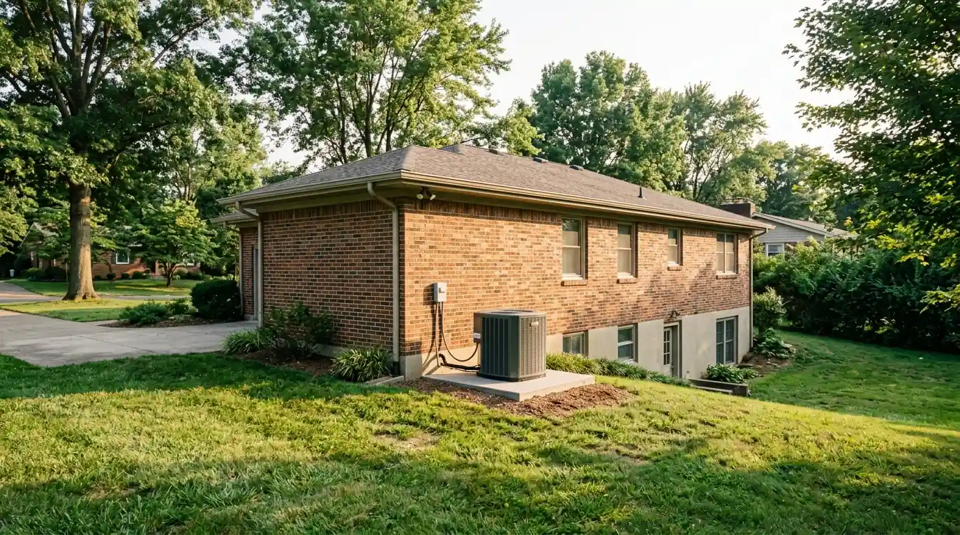 Brick ranch with walk-out basement and heat pump in summer light