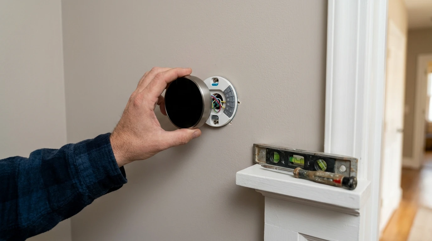 Hand mounting a new smart thermostat on an interior hallway wall