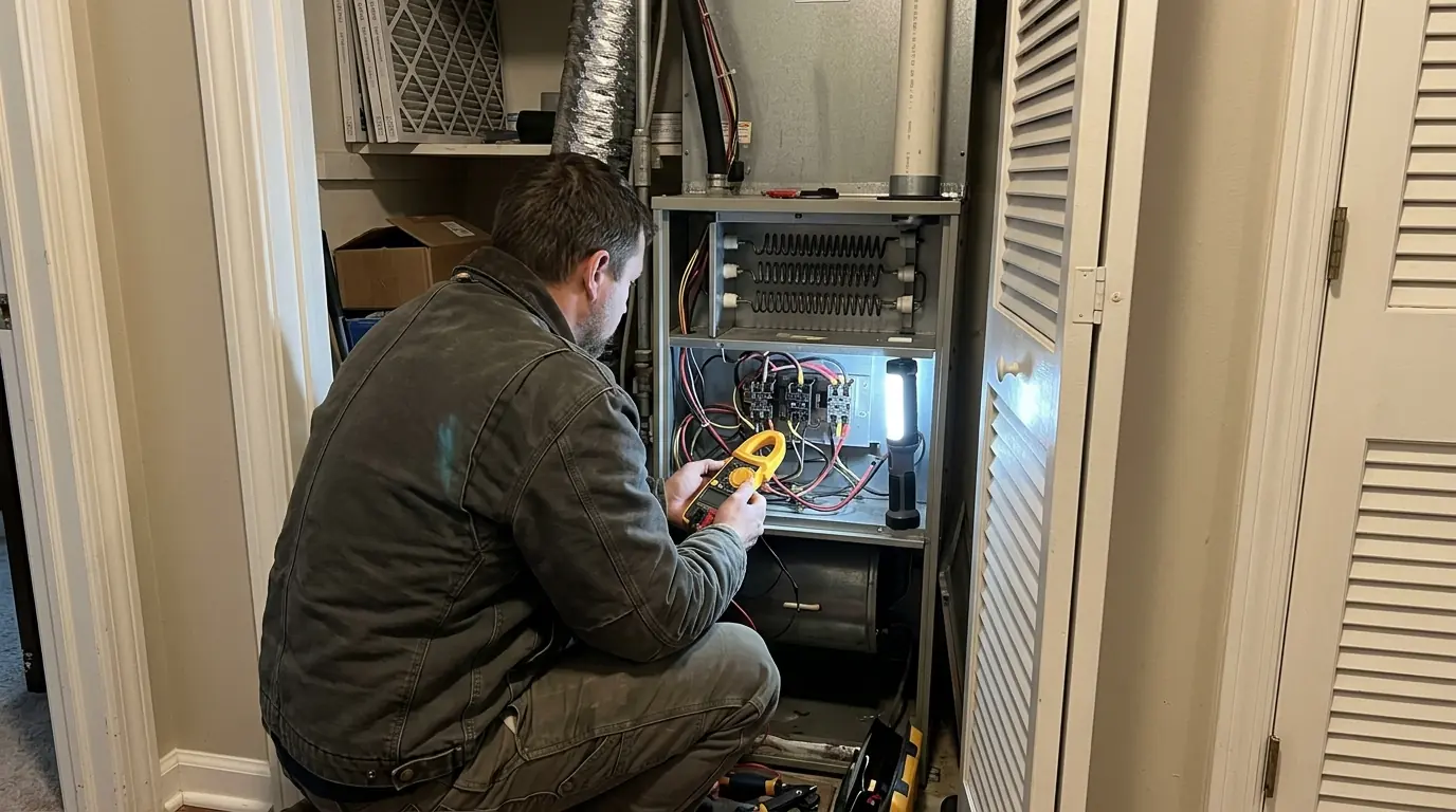 Technician measuring amp draw on electric furnace heat strips