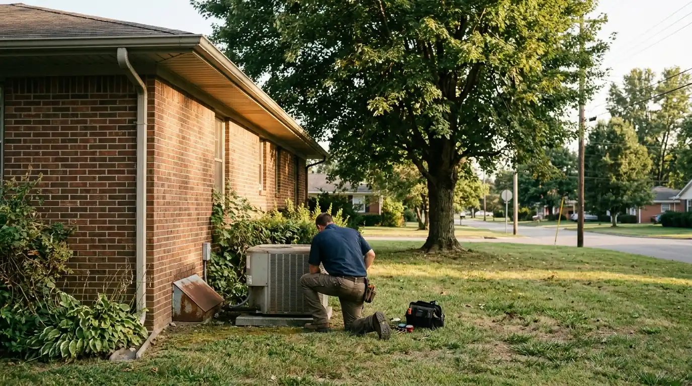 Technician servicing an outdoor AC unit beside a brick ranch home