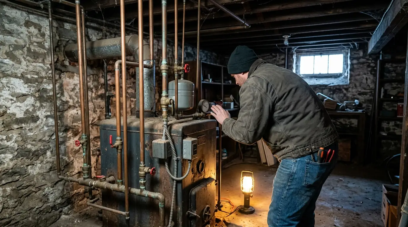 Technician checking an older hot water boiler in a stone basement