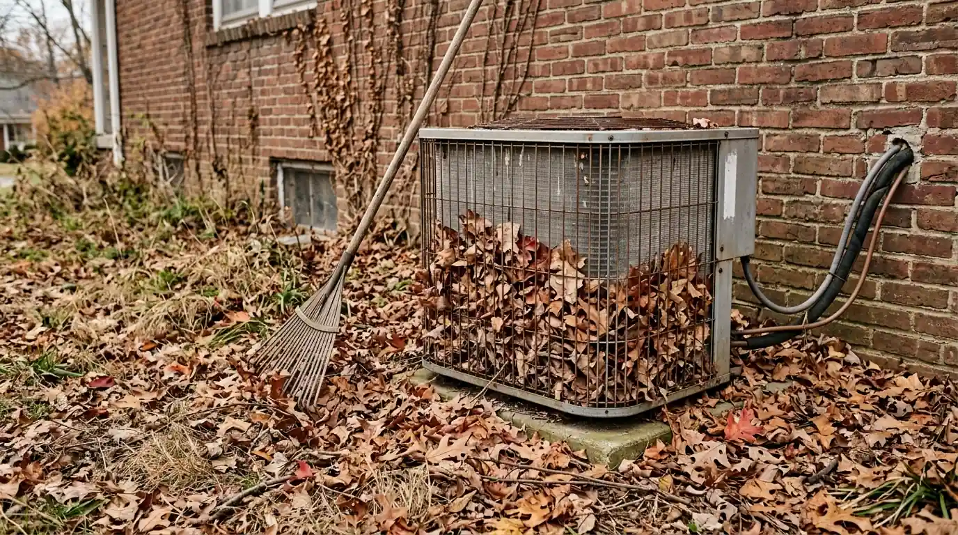 Fall leaves piled against an outdoor air conditioner