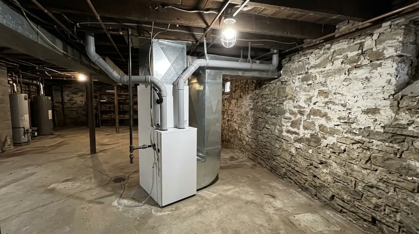New high-efficiency furnace with PVC venting in an older basement