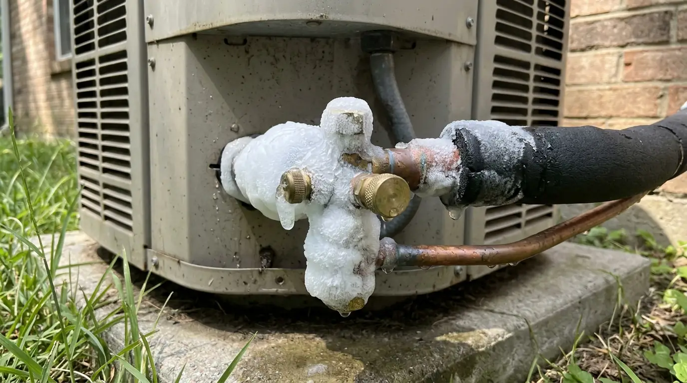 Ice on the copper suction line of an AC unit