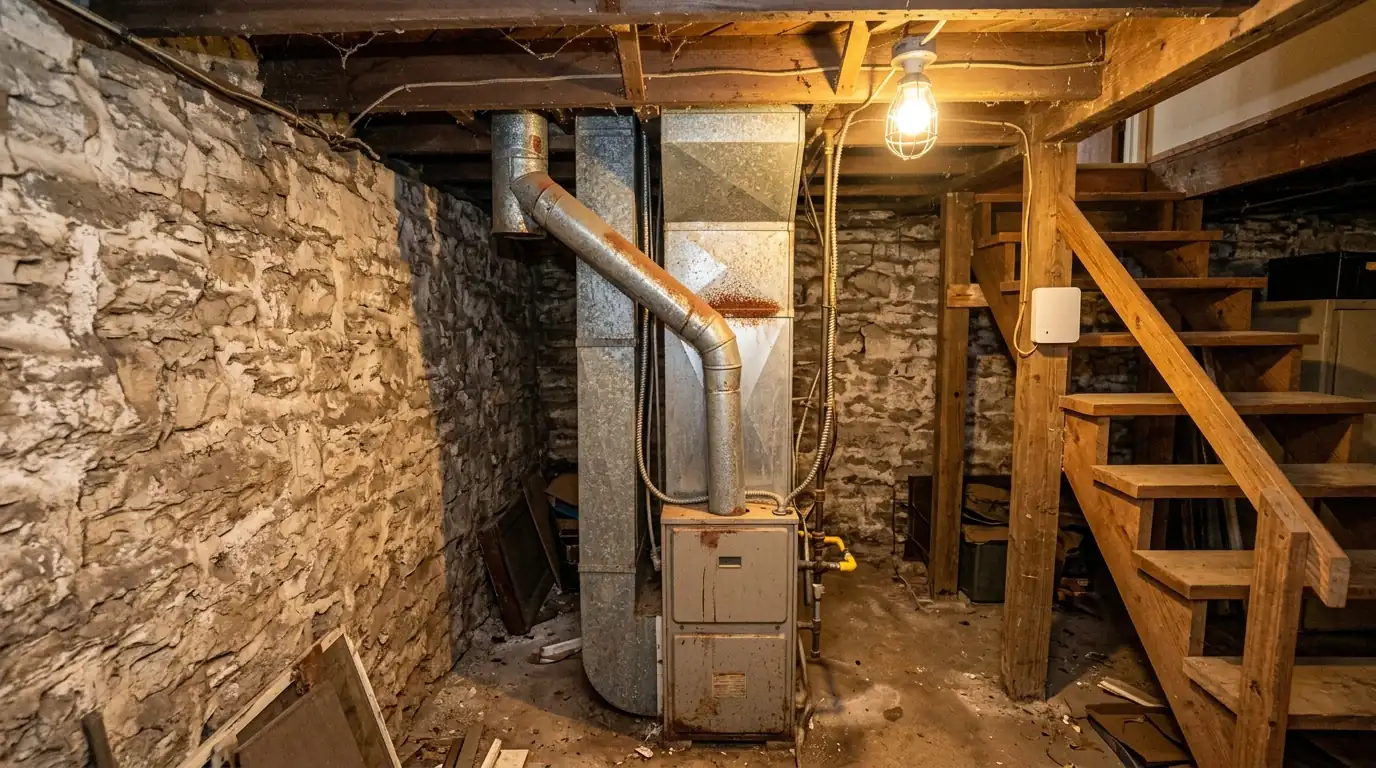 Gas furnace and vent pipe in an older home basement with an alarm
