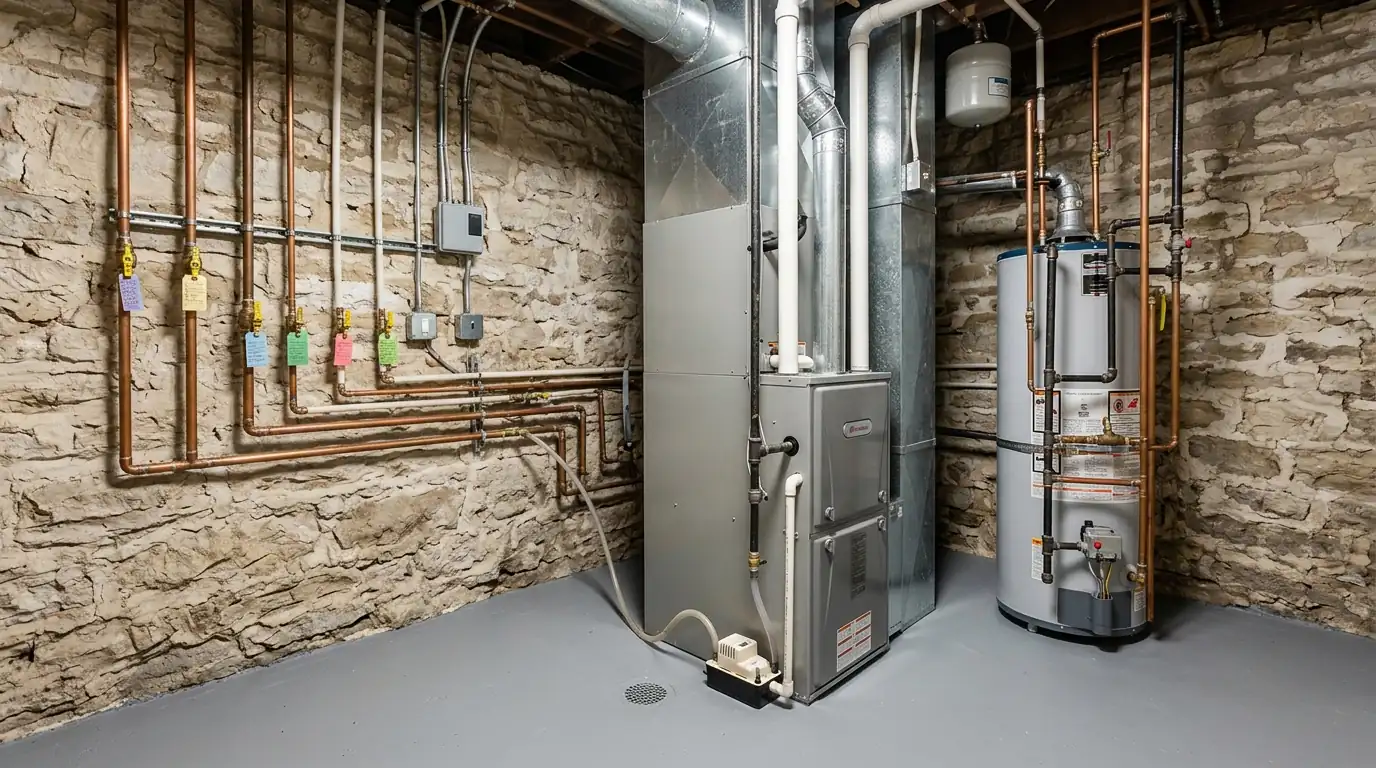 Basement utility corner with a furnace and water heater