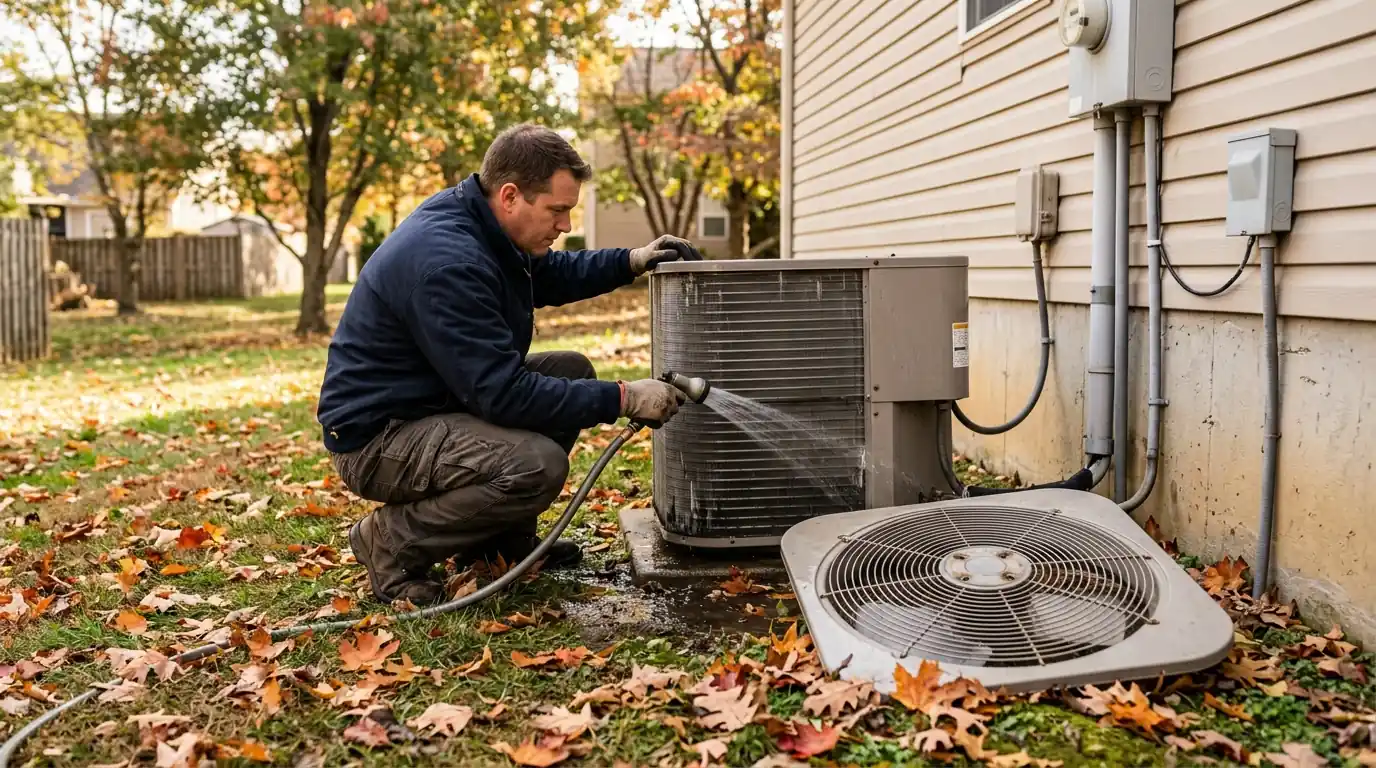 Technician rinsing an outdoor heat pump coil in autumn leaves