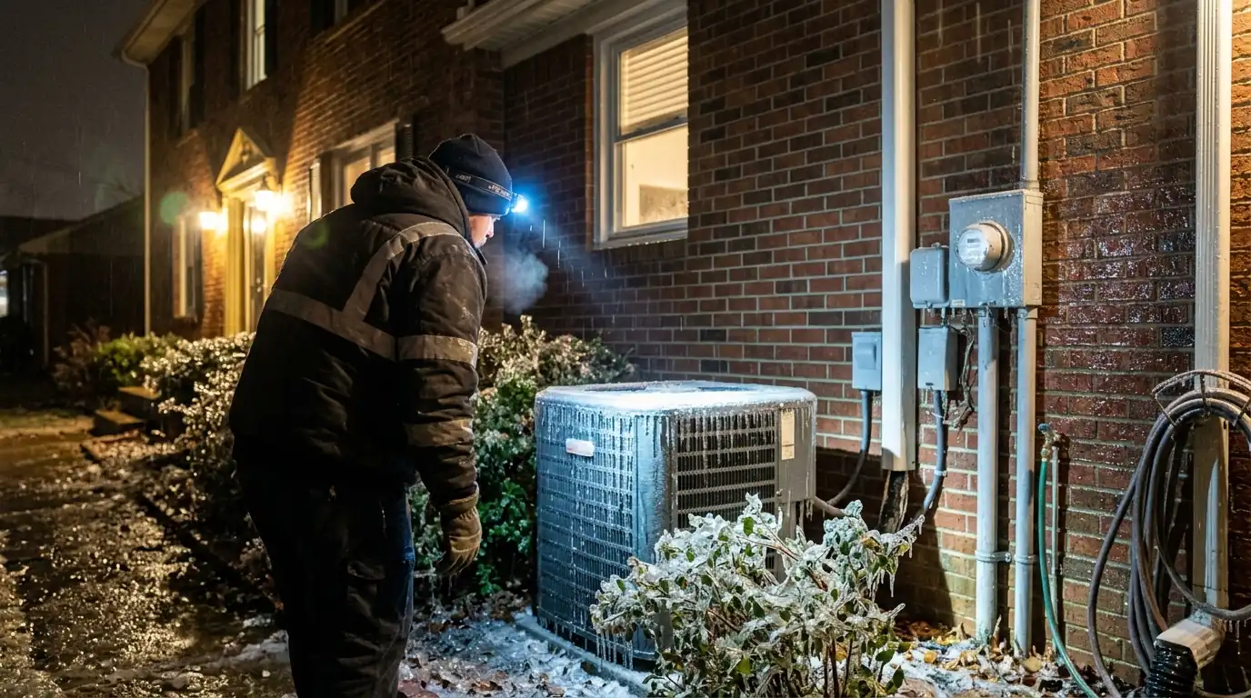 Technician inspecting an iced heat pump at night beside a brick house