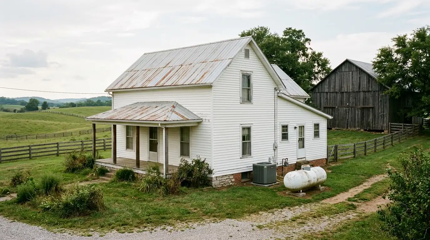 Kentucky farmhouse with a heat pump and propane tank