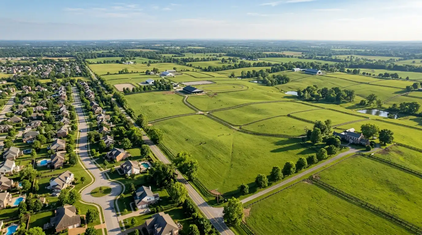 Aerial view of Lexington neighborhoods and horse farms