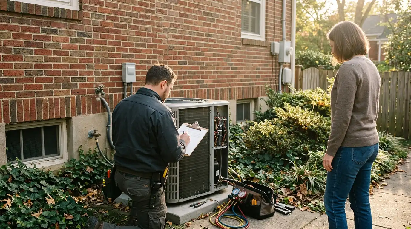 Technician writing up findings beside an outdoor heat pump