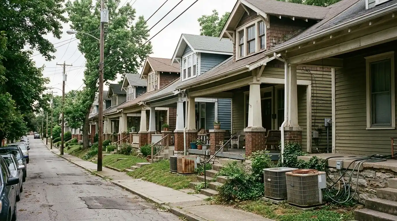 Craftsman bungalows with porches on a narrow street