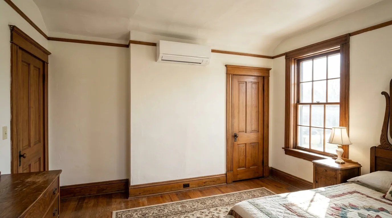 Ductless mini split head in an older upstairs bedroom