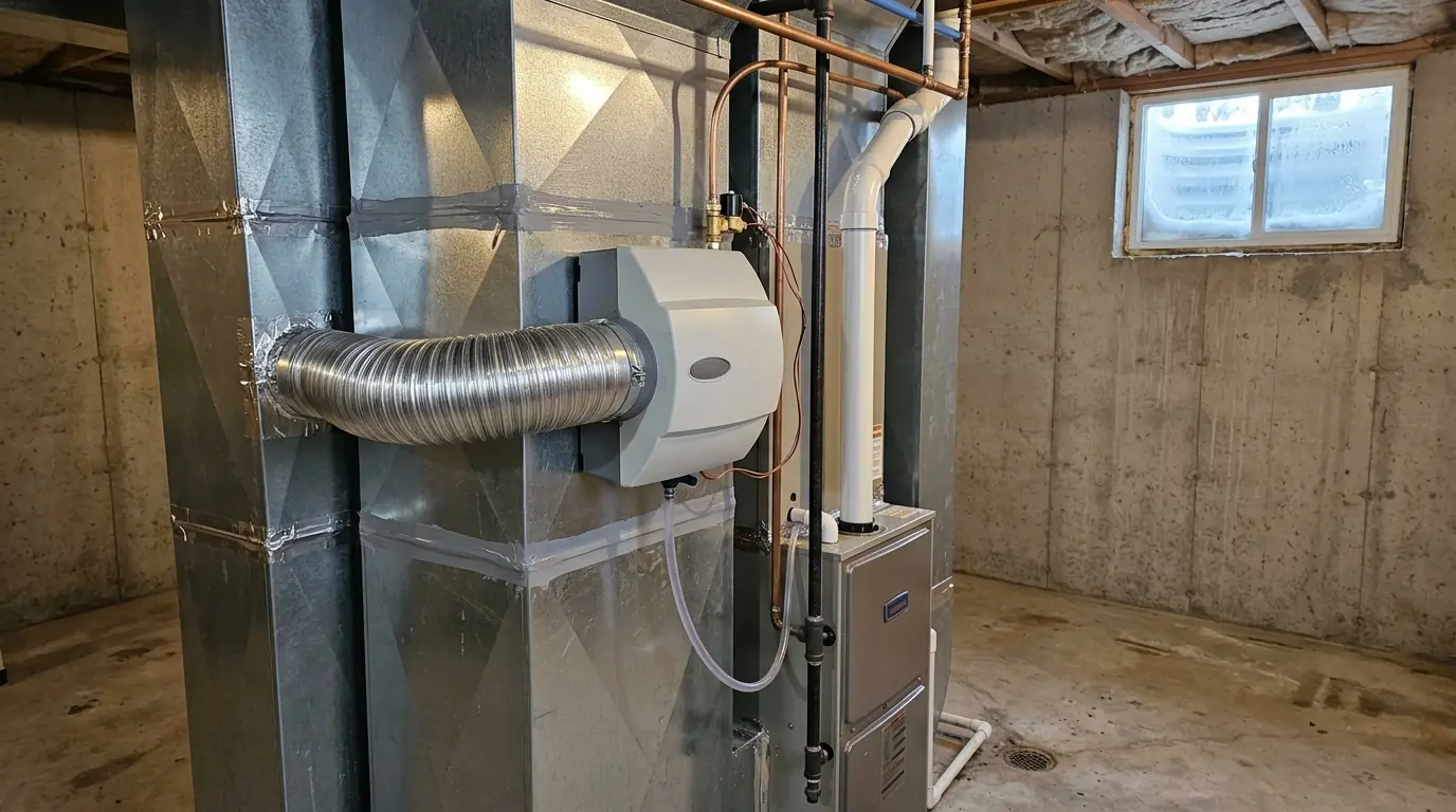Bypass humidifier mounted on a furnace plenum in a basement