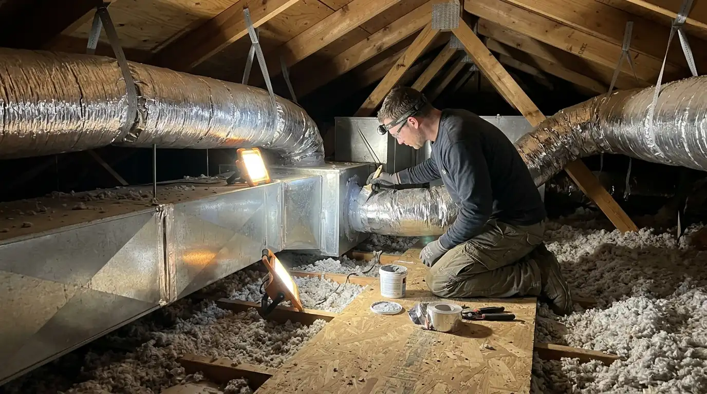 Technician sealing a duct joint in an insulated attic