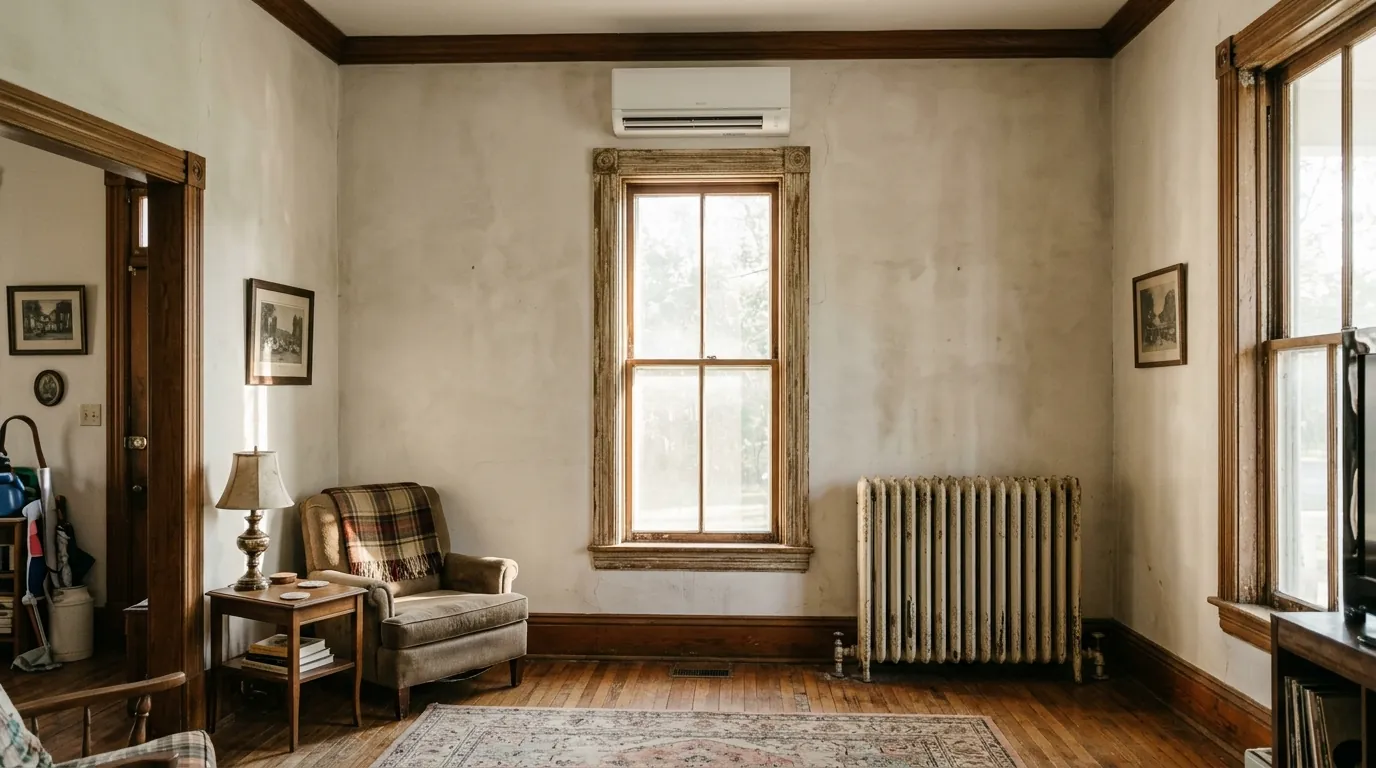Ductless mini split head above a radiator in an older home