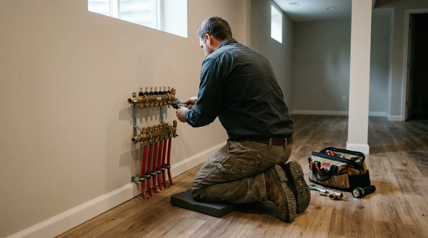 Technician adjusting a radiant floor heating manifold in a finished basement