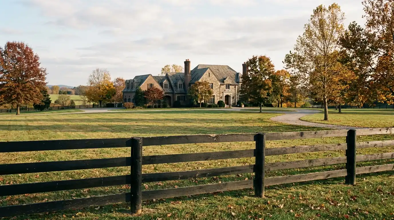 Stone estate home behind a black board fence