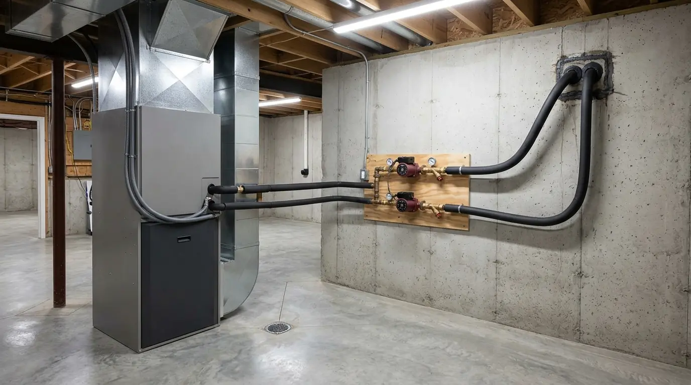 Geothermal heat pump and loop flow center in a basement