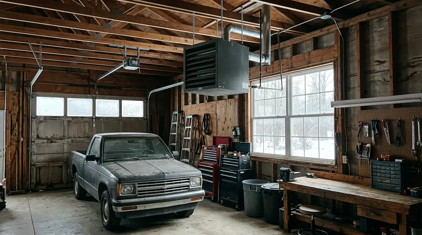 Gas unit heater hanging in a detached workshop