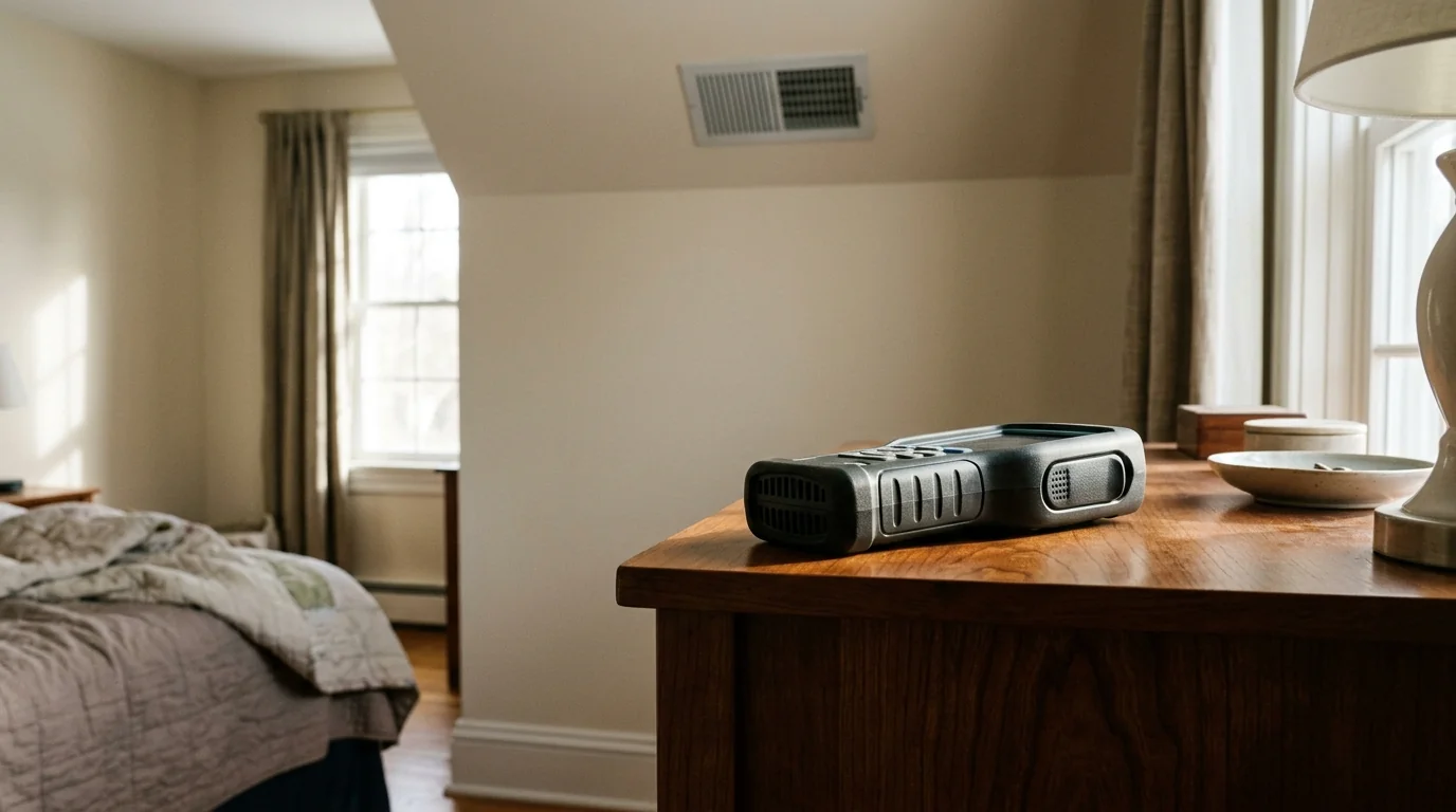 Air quality meter measuring bedroom air near a supply register