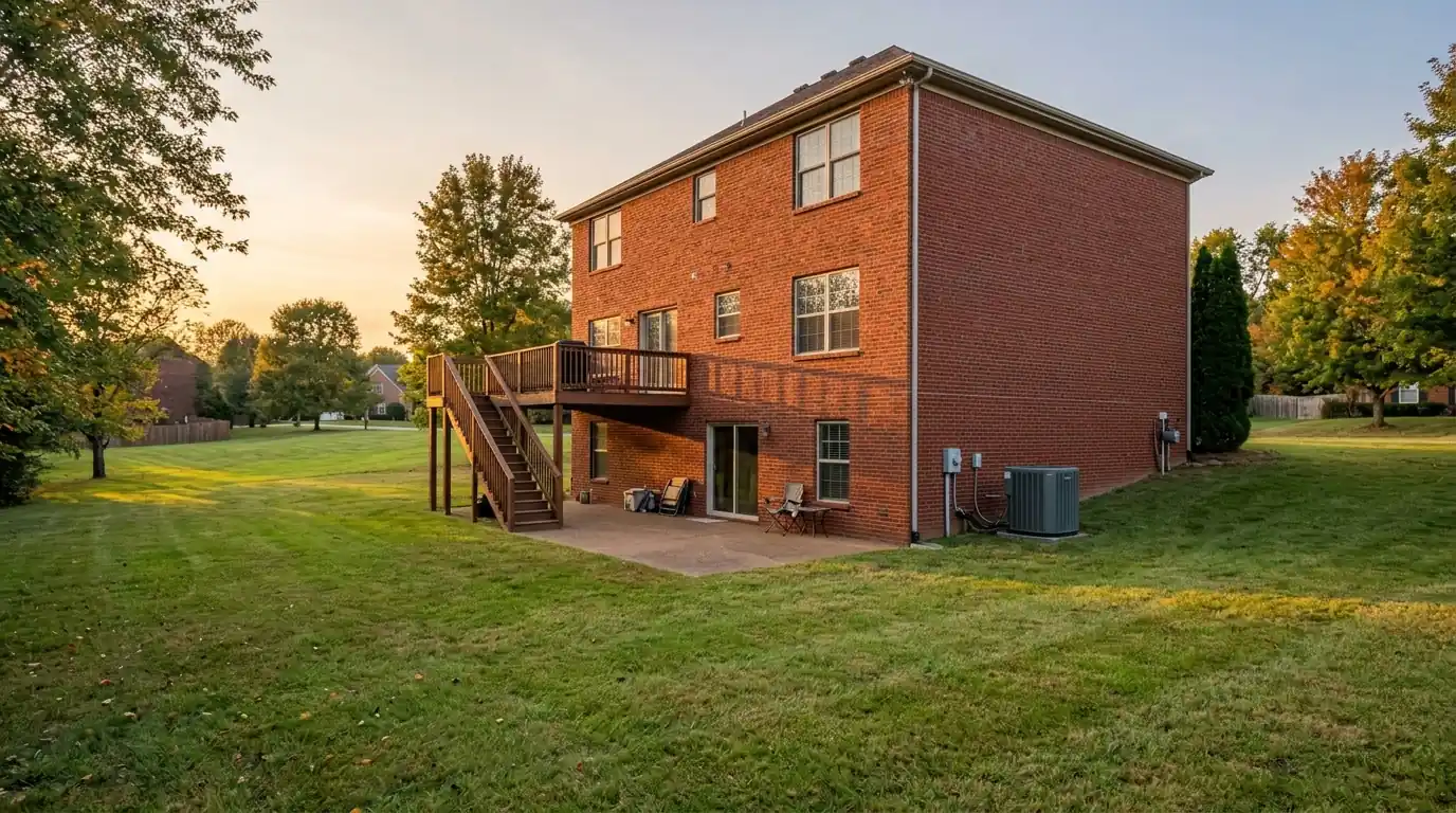 Brick two-story home backing onto open green space at dusk