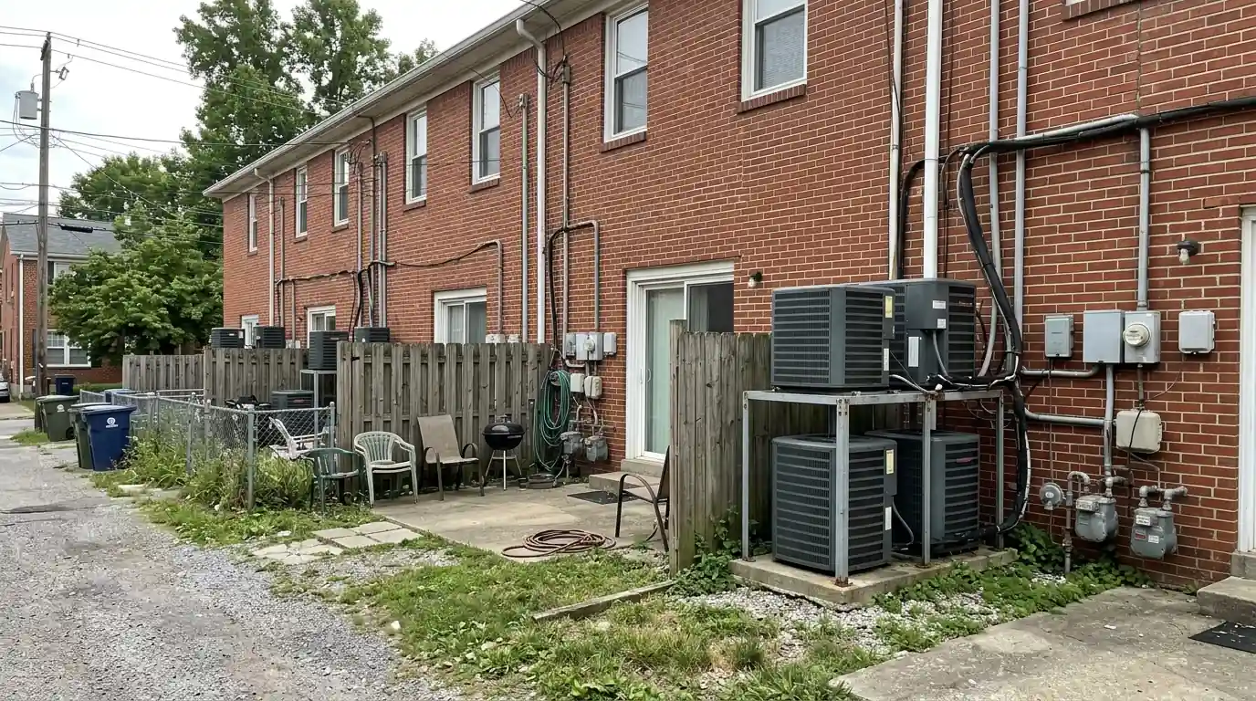 Townhome row with outdoor condensers along the back