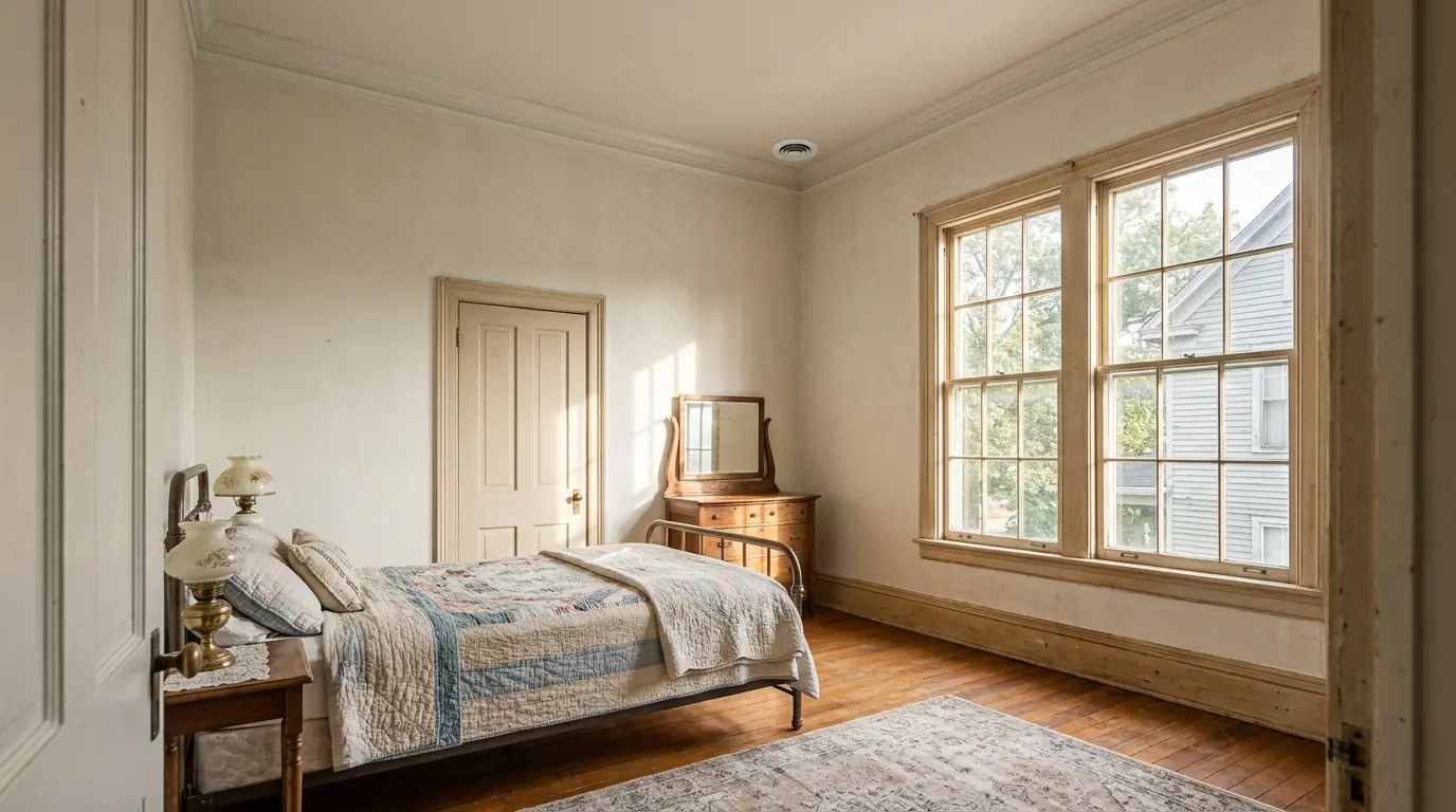Small round ceiling air outlet in an older home bedroom