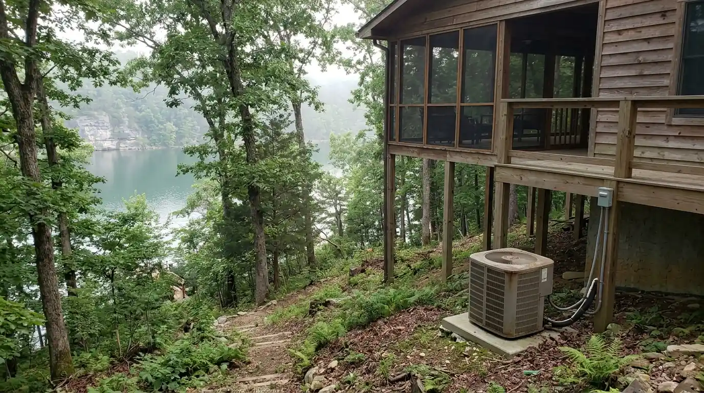 Lake house and outdoor AC unit on a wooded hillside above the water