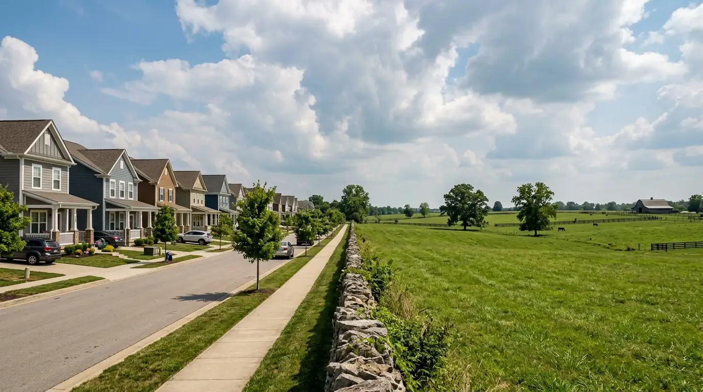 Subdivision homes facing open farmland and a stone fence