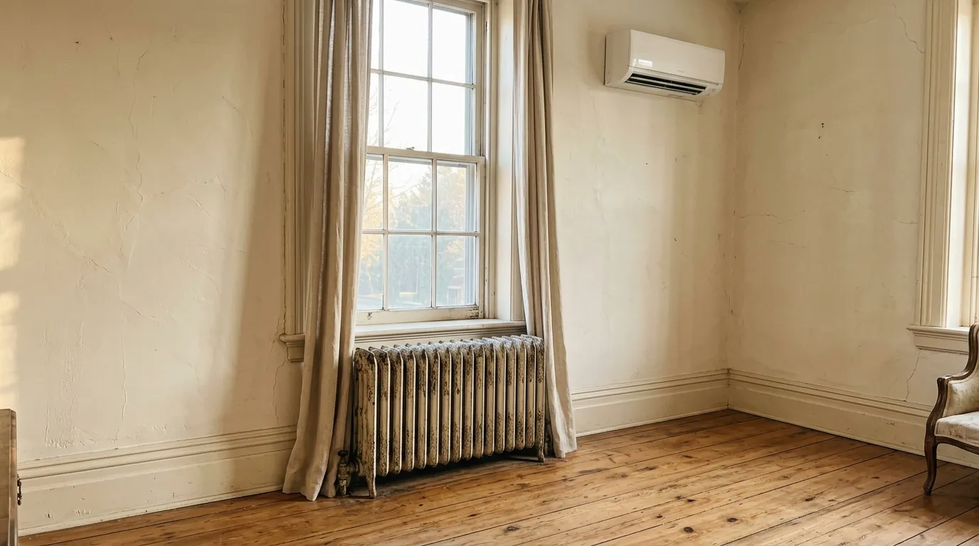 Cast iron radiator and ductless wall unit in an older plaster home