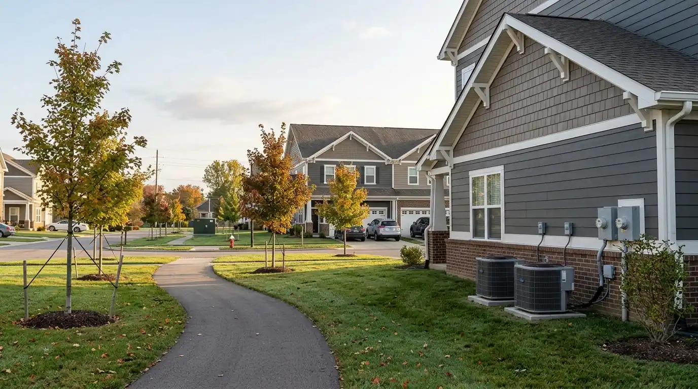 Townhomes in Wellington with heat pump units on concrete pads