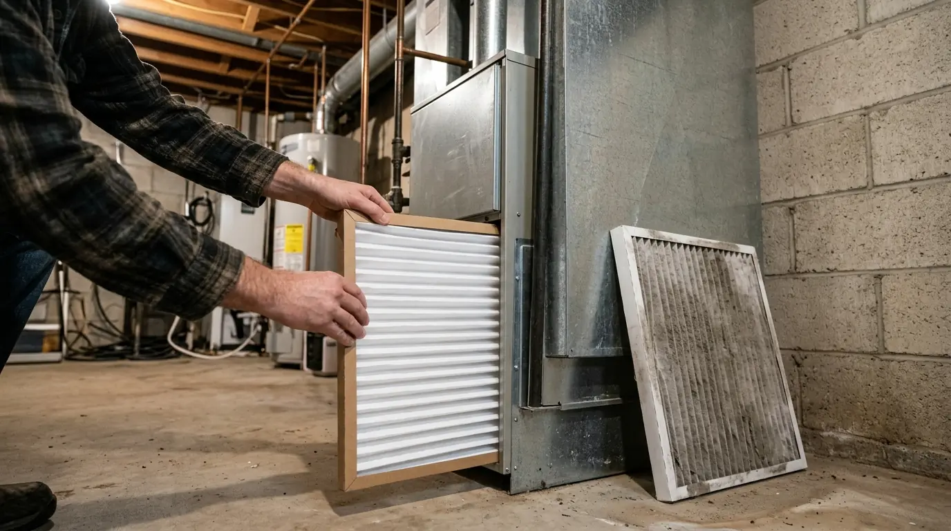 Homeowner sliding a clean pleated filter into a basement furnace