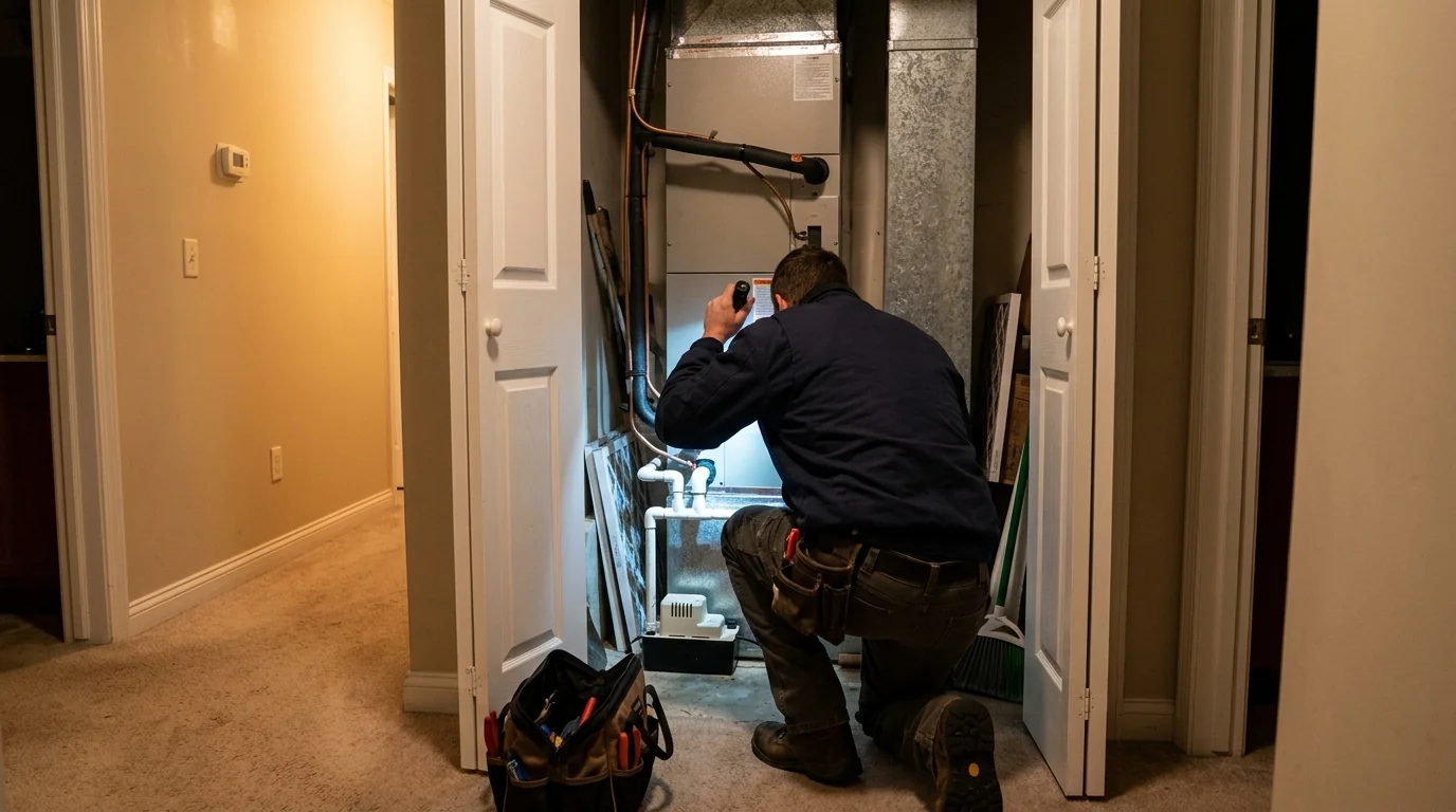 Technician checking an air handler drain line in a utility closet