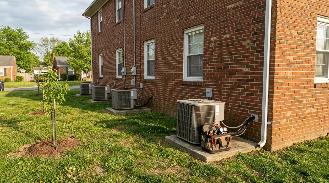Air conditioning condensers beside a brick duplex in Richmond, Kentucky