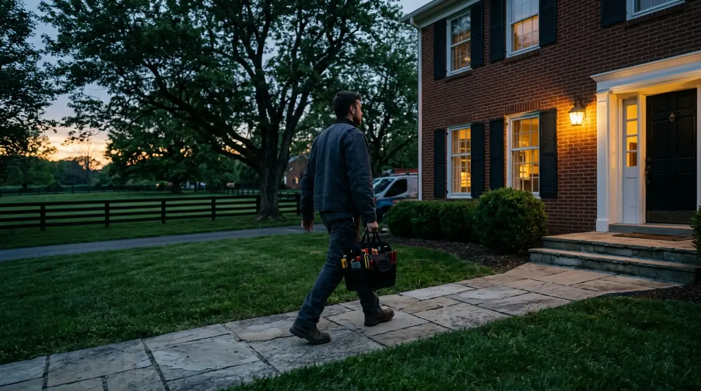 Technician walking to a brick Lexington home at dusk