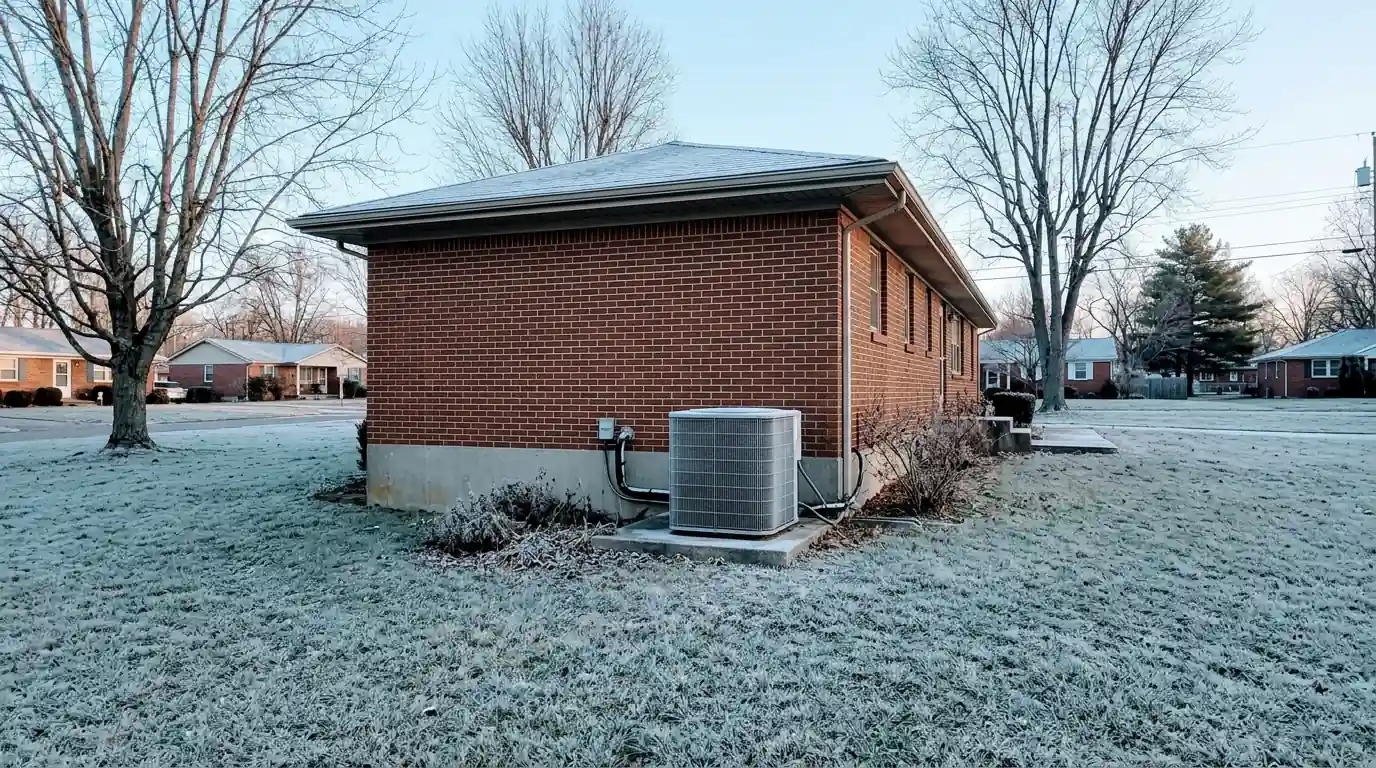 Outdoor heat pump beside a brick ranch home on a frosty morning