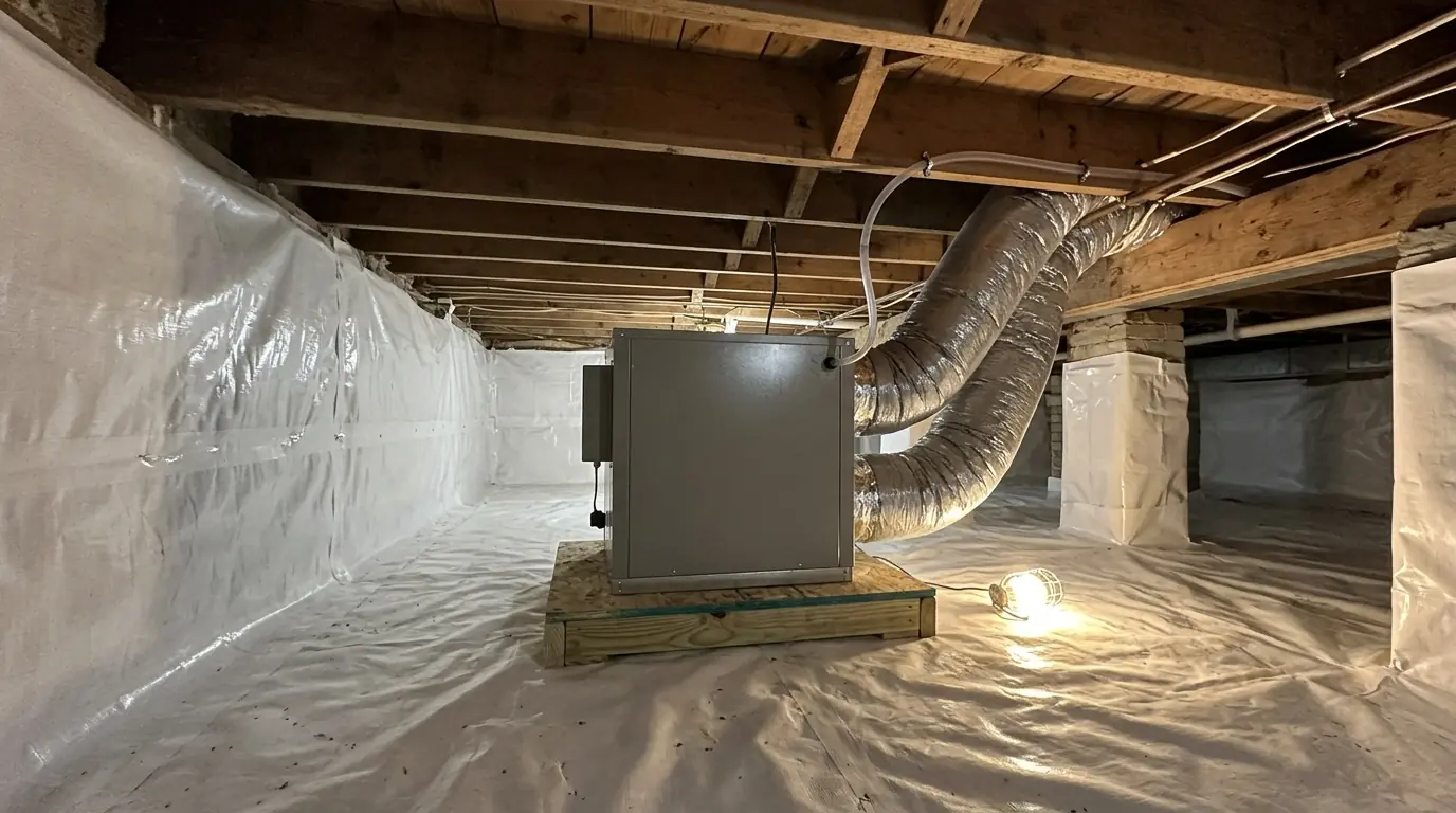 Ducted whole-house dehumidifier installed in a sealed crawlspace