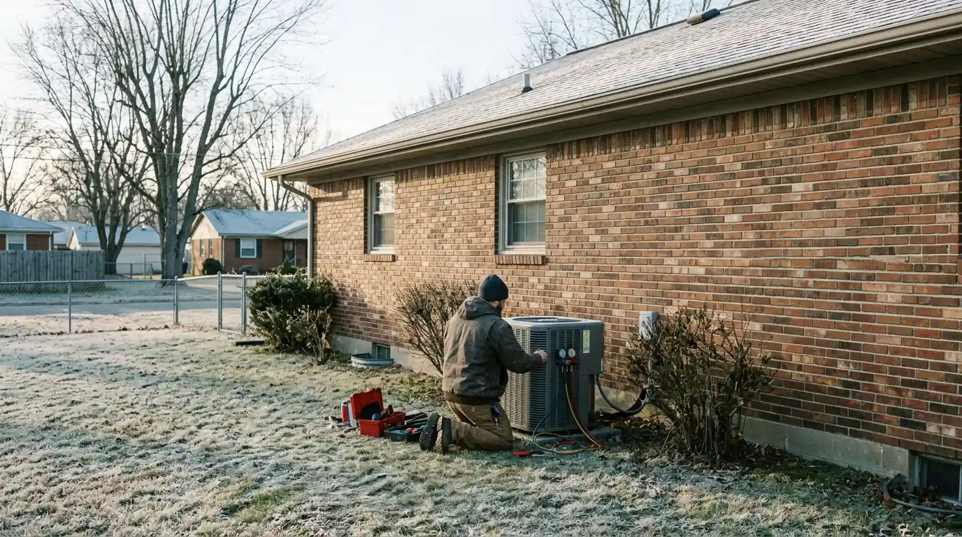 Heat pump beside a 1950s brick ranch on a frosty morning