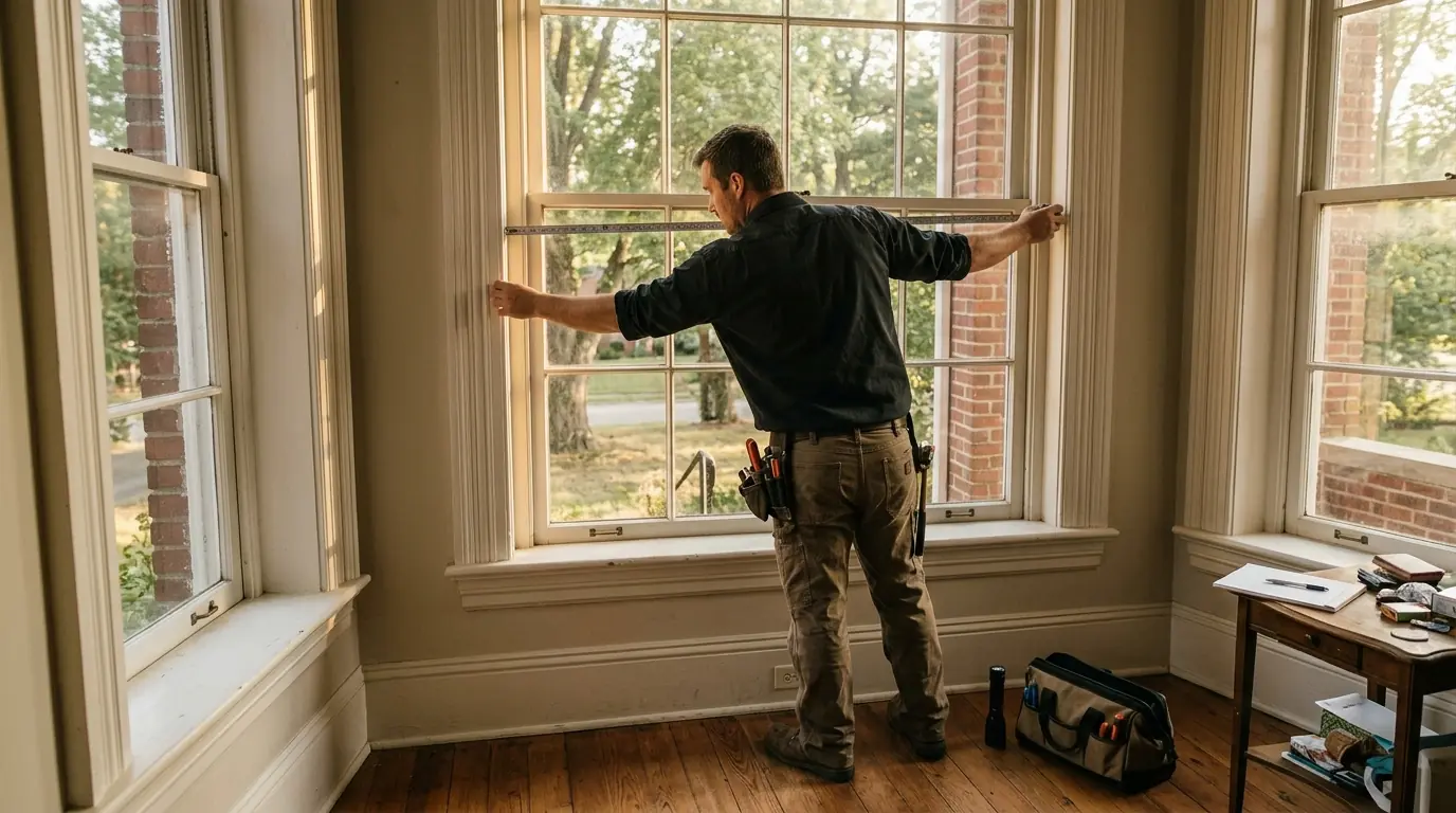 Technician measuring a window during a load calculation in a Lexington home