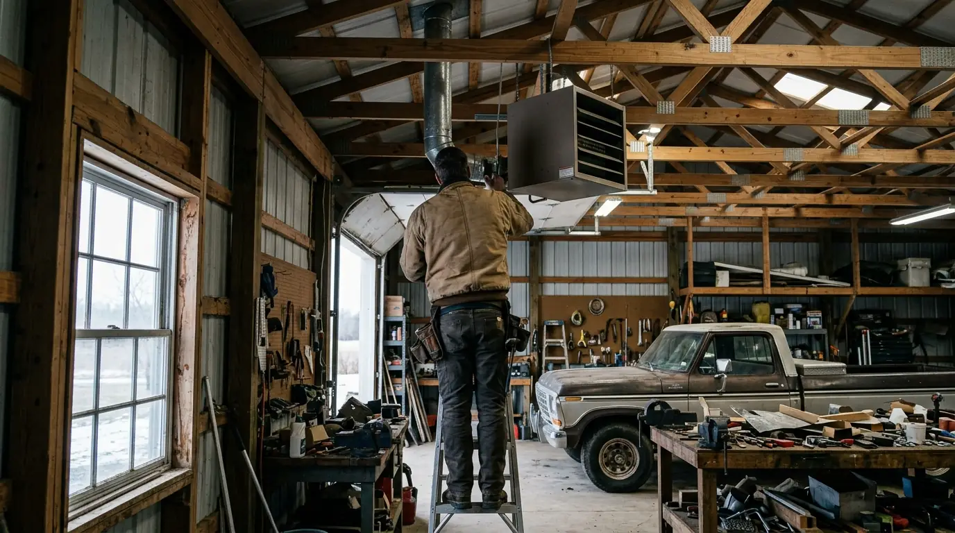 Gas unit heater hung from the ceiling of a detached workshop