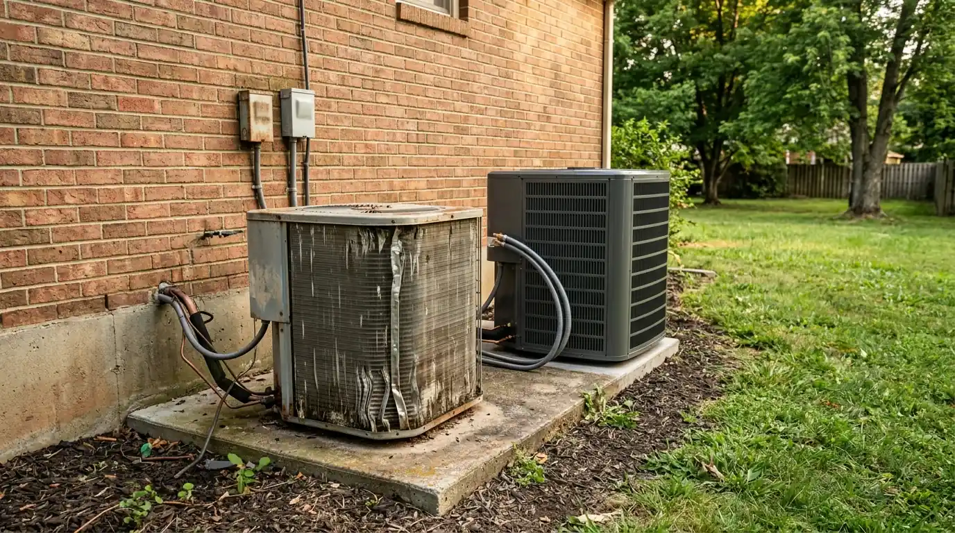 Old outdoor air conditioner beside a new replacement unit at a ranch home