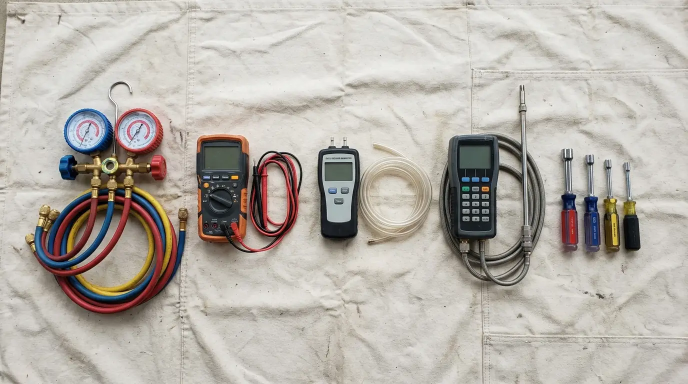 HVAC test tools laid out on a drop cloth