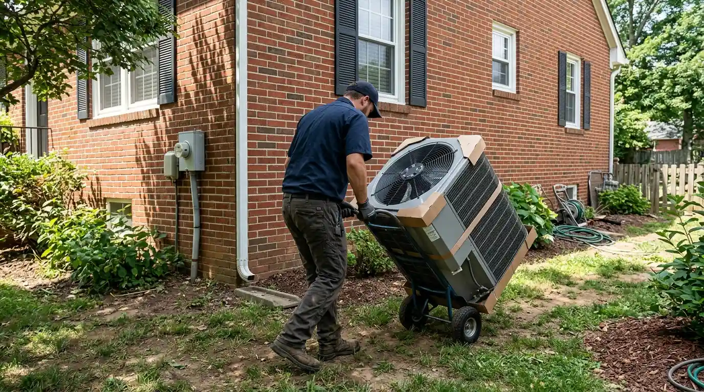 Technician wheeling a new heat pump along a brick home