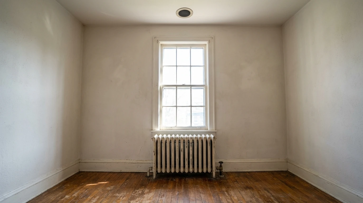 Cast iron radiator under a tall window in an older home