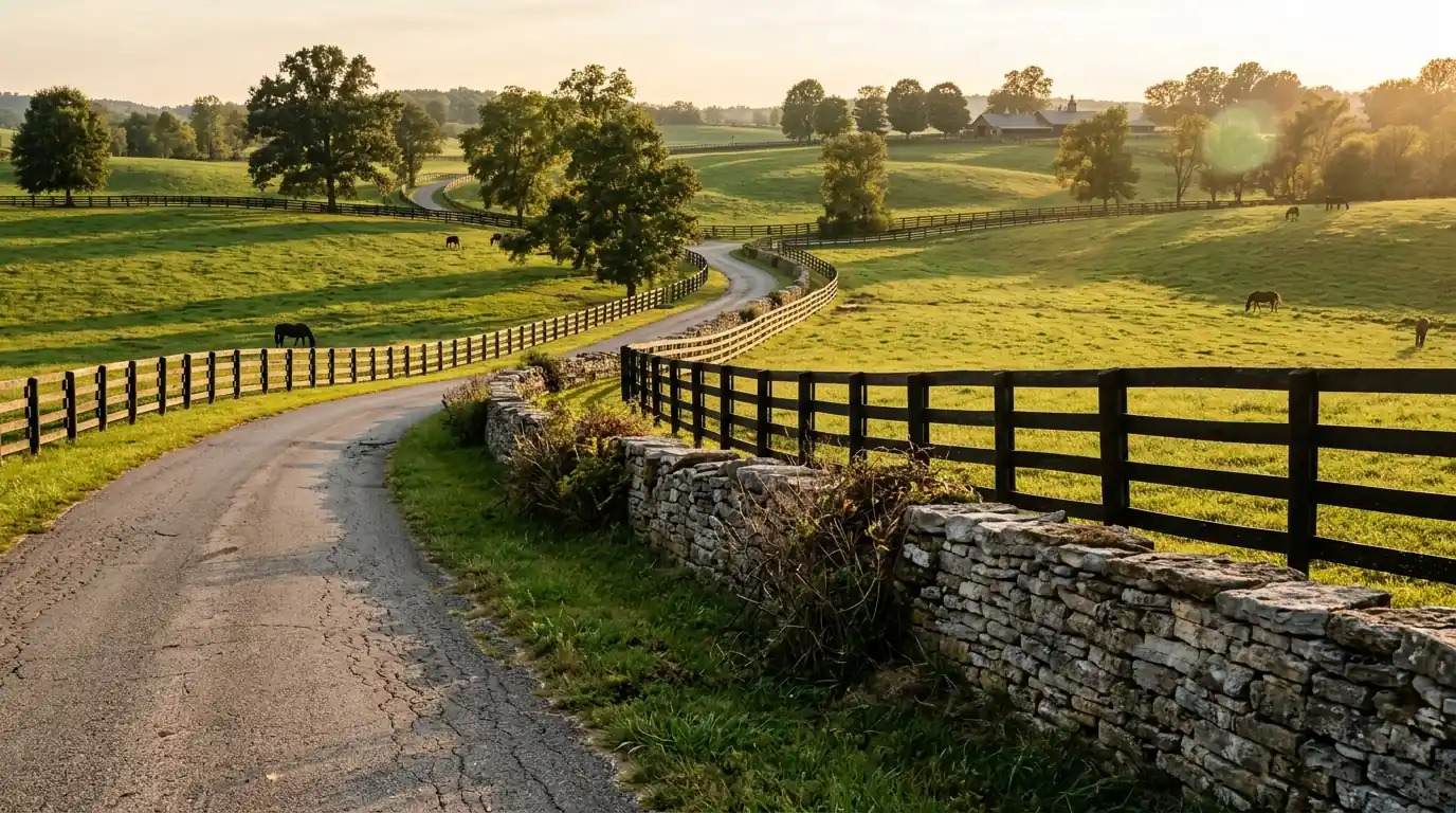 Black board fences along a bluegrass horse pasture